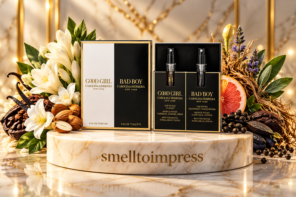 image of Carolina Herrera Good Girl 1.5ml + Bad Boy 1.5ml perfume sample set