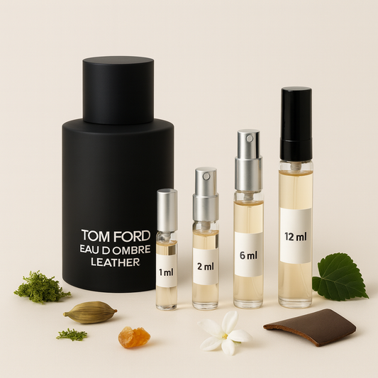 Flacone Tom Ford Eau d’Ombre Leather con fiale campione da 1 ml, 2 ml, 6 ml e 12 ml su sfondo chiaro, con accenti di cardamomo, gelsomino, ambra, muschio e pelle