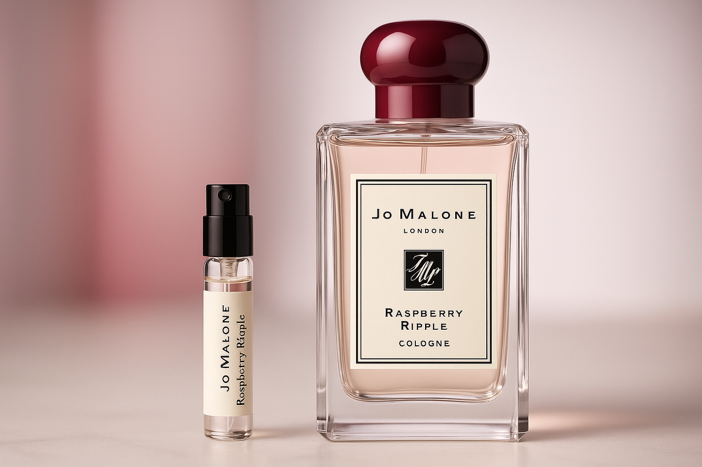 Campioni di profumo Jo Malone Raspberry Ripple Cologne, campione di profumo da 1 ml accanto alla bottiglia di profumo Jo Malone Raspberry Ripple Cologne da 100 ml