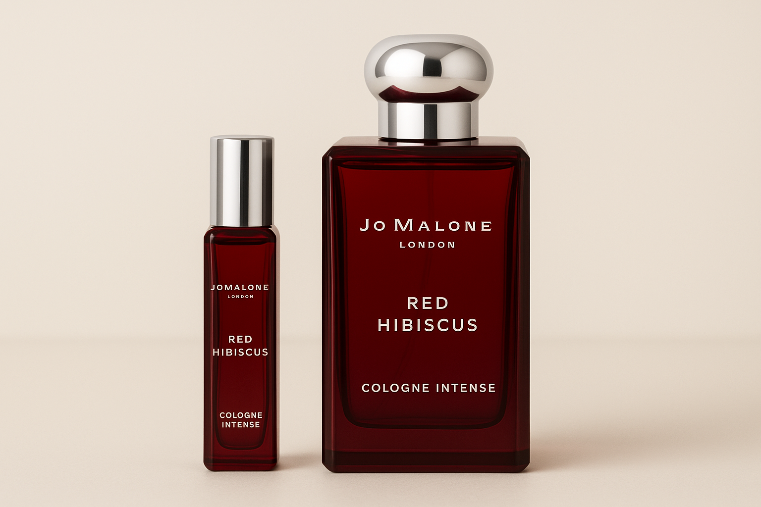 Jo Malone Red Hibiscus Cologne Intense 12 ml campione standing next to 100 ml perfume bottle of Jo Malone Red Hibiscus Cologne Intense which has white writing on dark red bottle