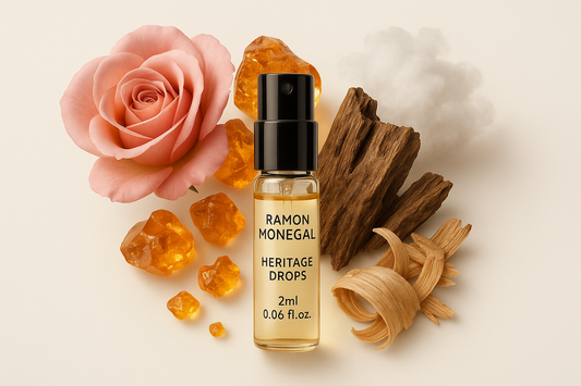 Ramon Monegal Heritage Drops campioni ufficiali di profumo 2 ml 0,06 fl. oz. tester di profumo campione bottle surrounded by Heritage Drops fragrance notes