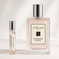 Jo Malone Raspberry Ripple 2 ml campioncini di profumo standing next to 100 ml Jo Malone Raspberry Ripple perfume bottle