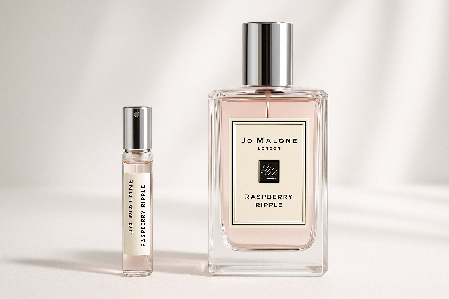 Campione di profumo Jo Malone Raspberry Ripple da 2 ml accanto alla bottiglia di profumo Jo Malone Raspberry Ripple da 100 ml