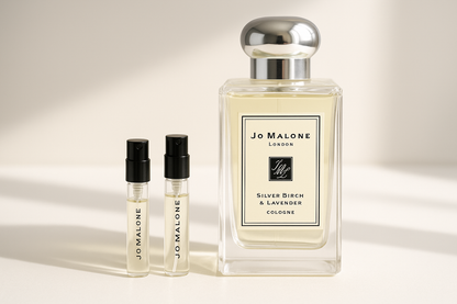 Jo Malone Silver Birch & Lavender Cologne campioncini di profumo 1 ml standing next to Jo Malone Silver Birch 100 ml fragrance