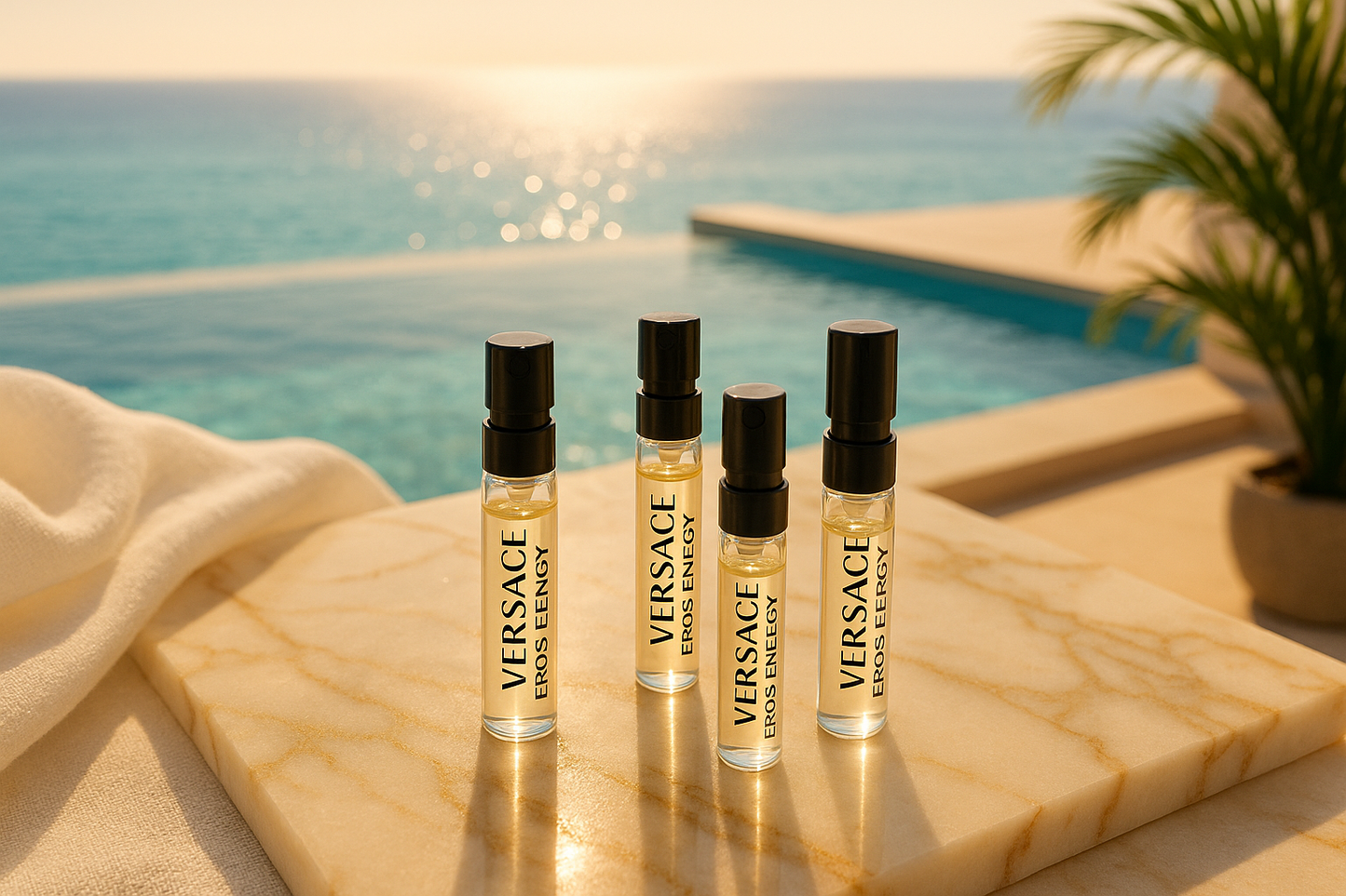 Campioni di profumo Versace Eros Energy, sullo sfondo elegante vista mare con piscina